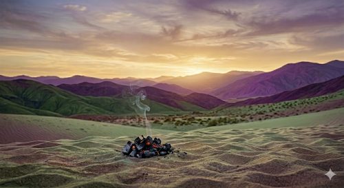 Charcoal fire in front of sage and purple mountains